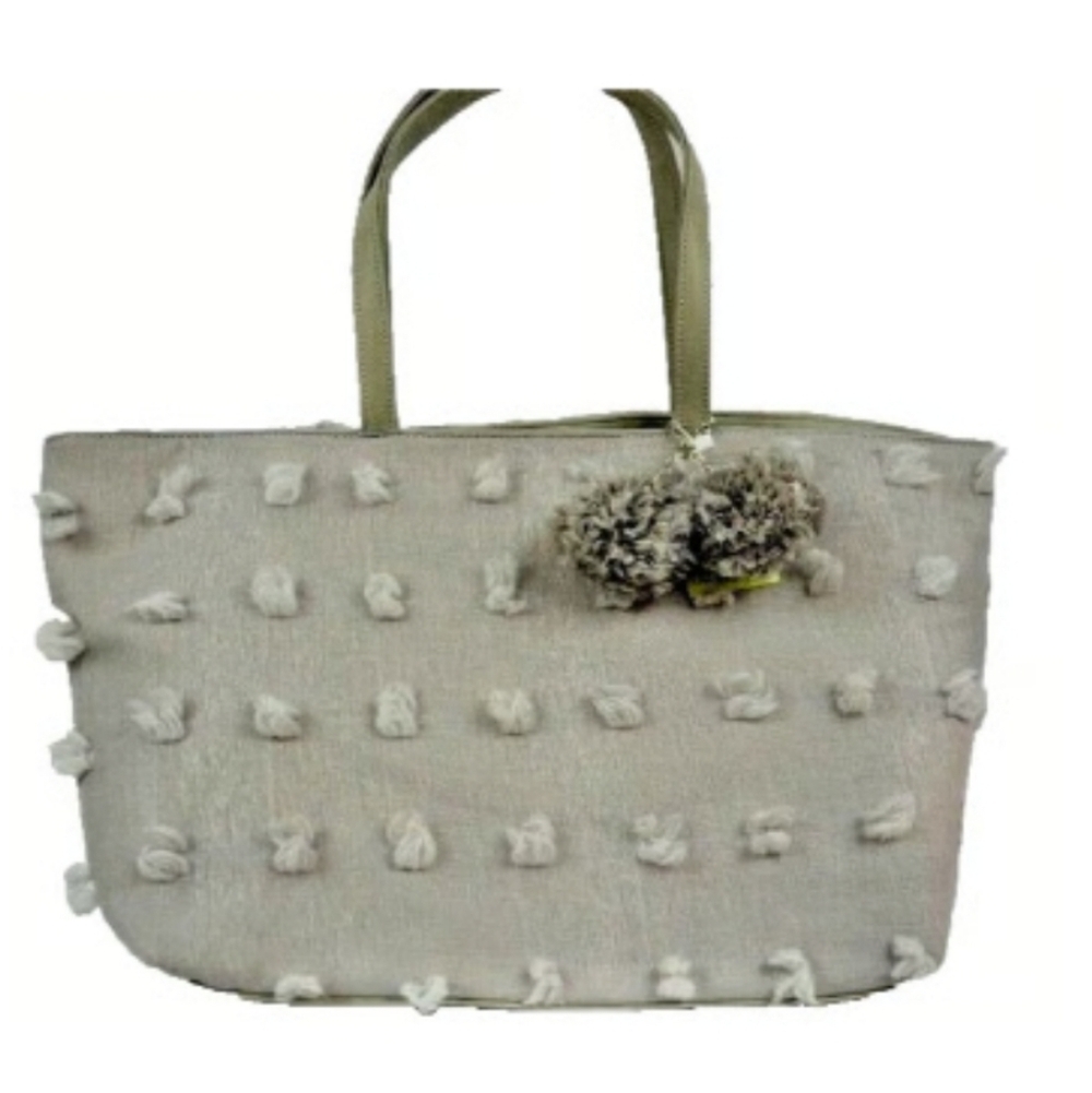 Light Gray Pom-Pom Tote Bag - Boho Preppy Chic Handbag Large